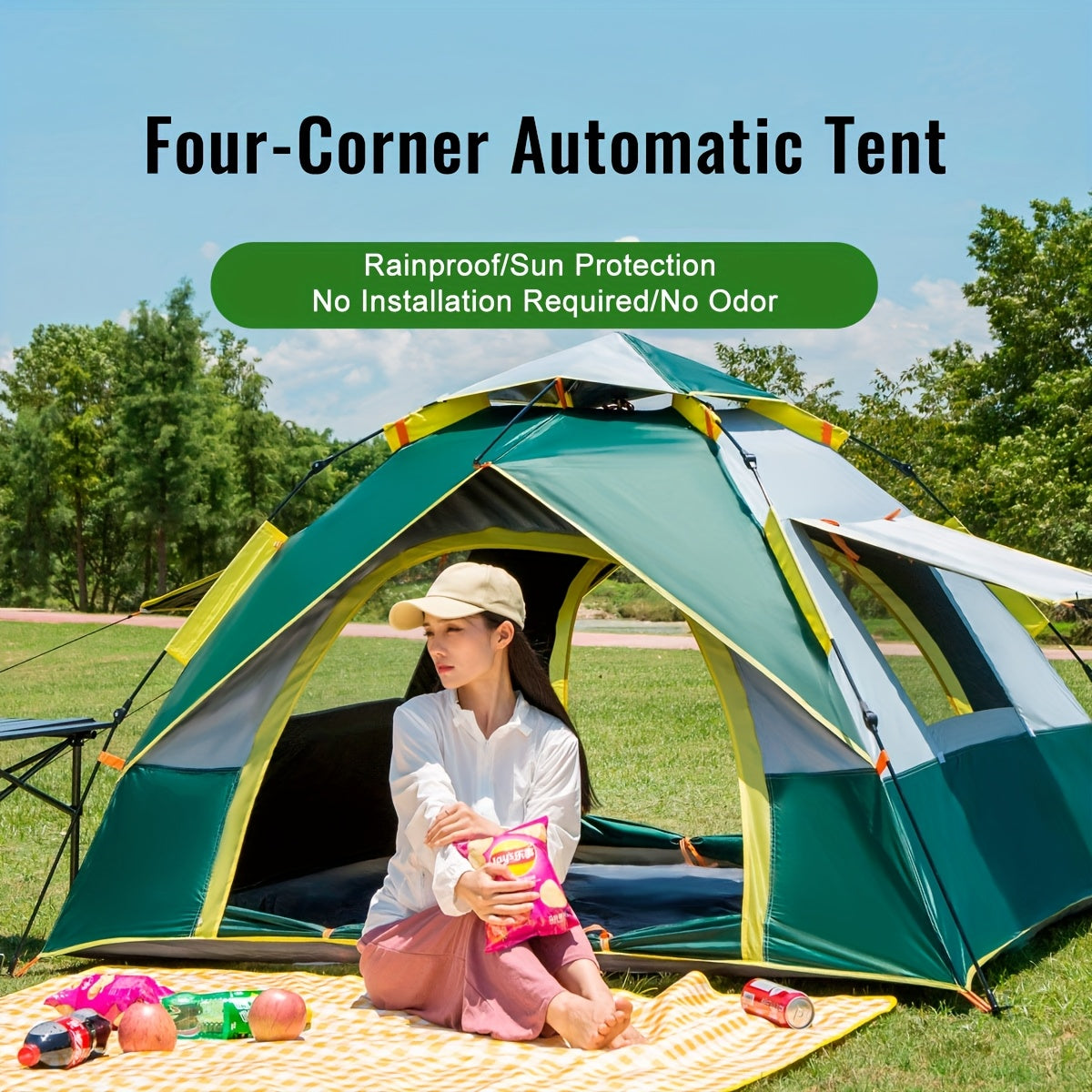 Instant Setup Camping Tent 1-4 Person All Season Automatic Pop-Up Tent Dual Doors Mesh Windows Windproof for Camping Hiking Hunting Backpacking Travel