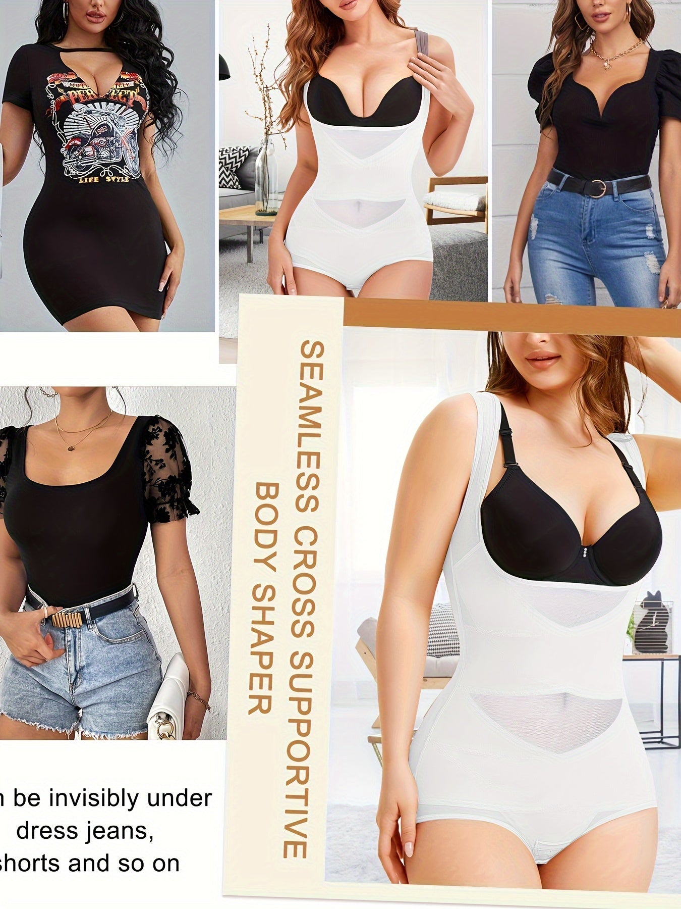 Women's Shapewear Bodysuit with Tummy Control – High-Waist Butt Lifter, U-Shape Push Up, Wide Straps, Breathable Nylon Body Shaper, 5 Colors, Sizes S-XXL