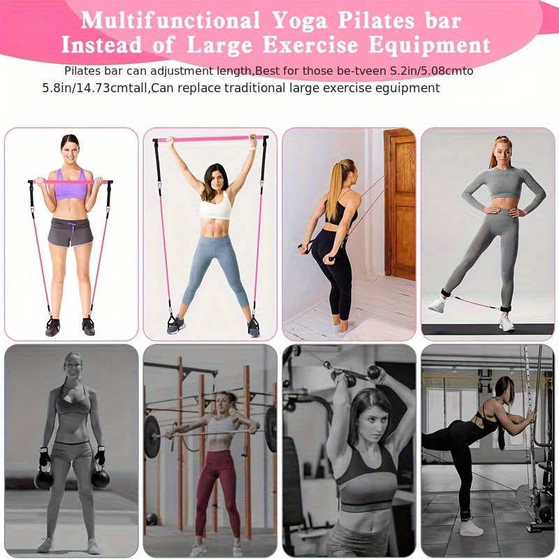 Pilates Stick with Resistance Bands 14pcs Set – Multifunctional Fitness Pedal Puller for Home Yoga, Stretch & Full Body Training, Pink, Black & Purple