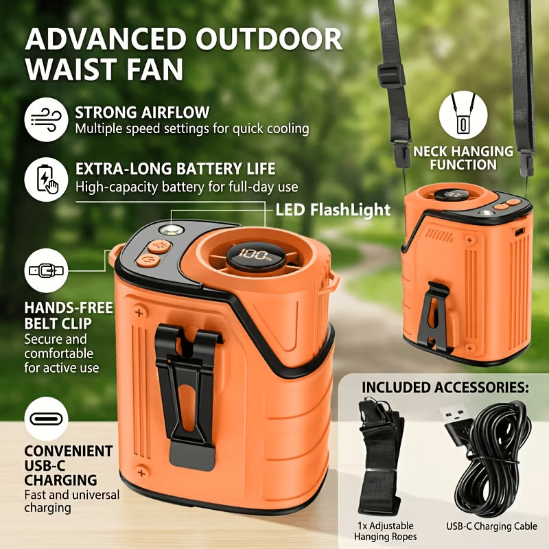 Wearable Fan 4-in-1 Waist & Neck Mounted with Flashlight & USB Charger 3600mAh Rechargeable – Hands-Free Portable Fan for Outdoor Camping Hiking Work