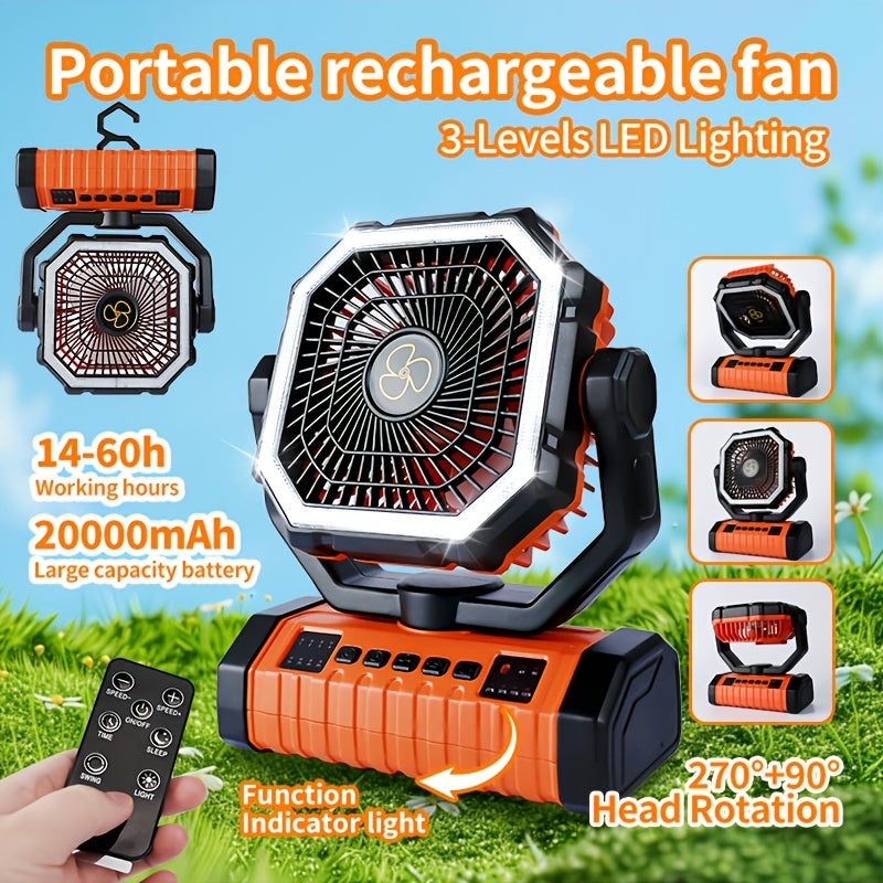 20000mAh Portable Camping Fan with LED Light USB Rechargeable – Battery Powered Tent Fan for Outdoor Hiking Fishing Travel