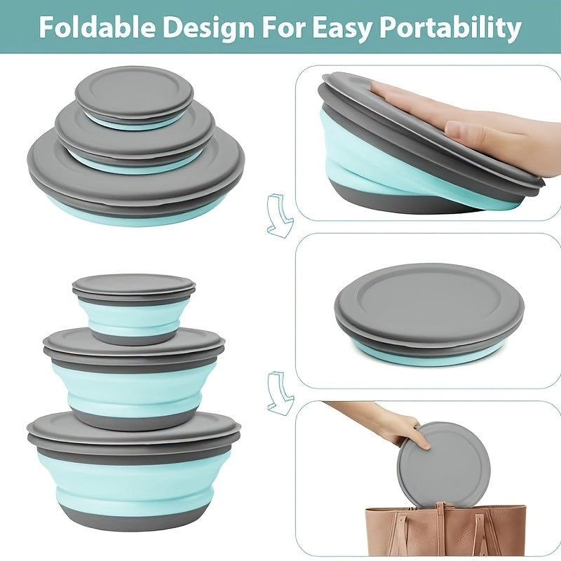 Foldable Camping Bowls with Lids 3-Pack – Collapsible Silicone Food Containers, Rust-Proof PP, Folding Utensils & Storage Bag Included | Stackable Camp Kitchen Bowls | Blue & Pink