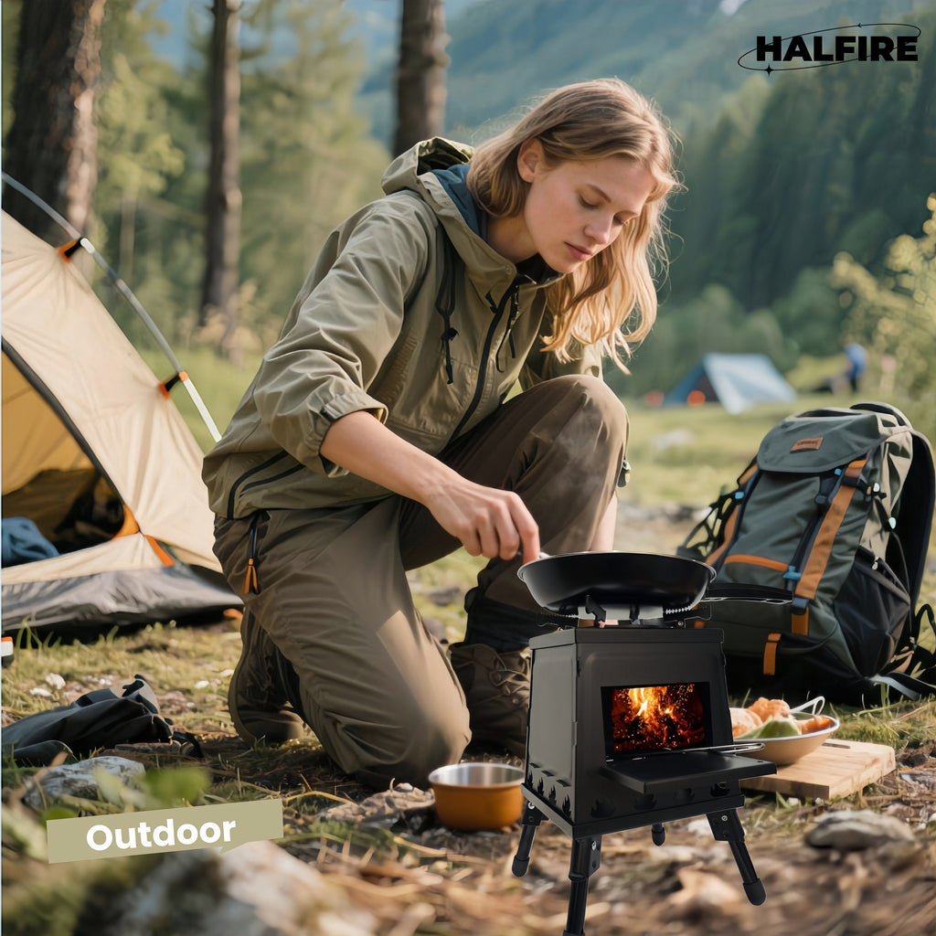 Wood Burning Camp Stove Portable Heavy Duty Outdoor Campfire Stove Sturdy Legs Air Vents Firewood Charcoal for Hiking Backpacking Picnic BBQ Travel