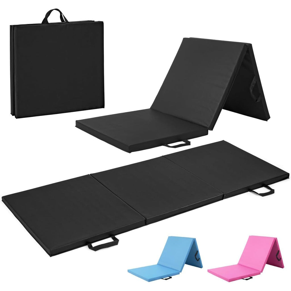 Folding Exercise Mat 1.5 Inch Thick Tri Fold Foam Gym Mat with Carrying Handles for Gymnastics Yoga MMA Martial Arts Stretching Core Workouts – Foldable Floor Mat Black Blue Pink