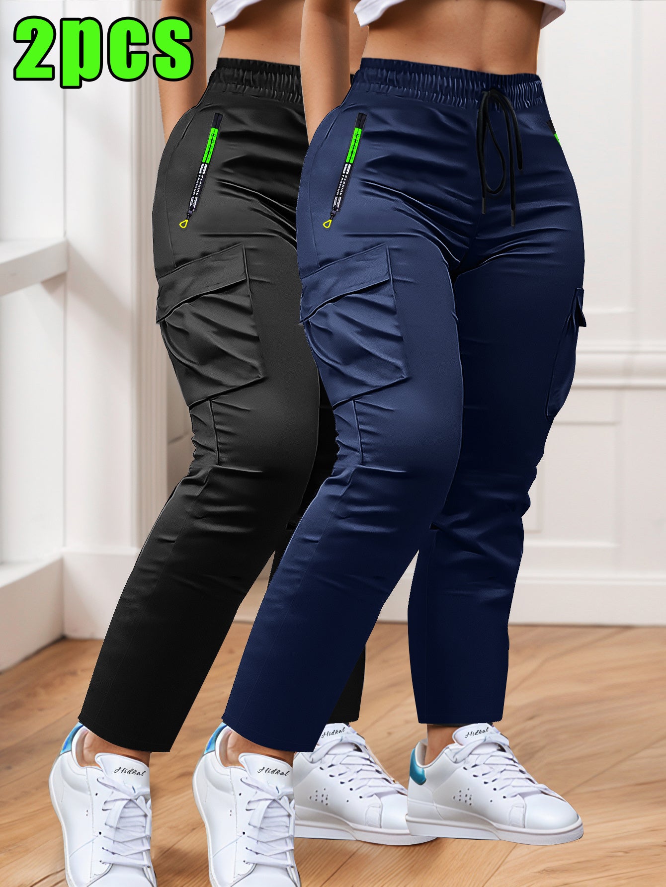 Women's Slim Cargo Pants 2-Pack Multi-Pocket Drawstring Waist Zip Pocket Straight Leg – Casual Trousers for Outdoor Sports Everyday Wear & Dates