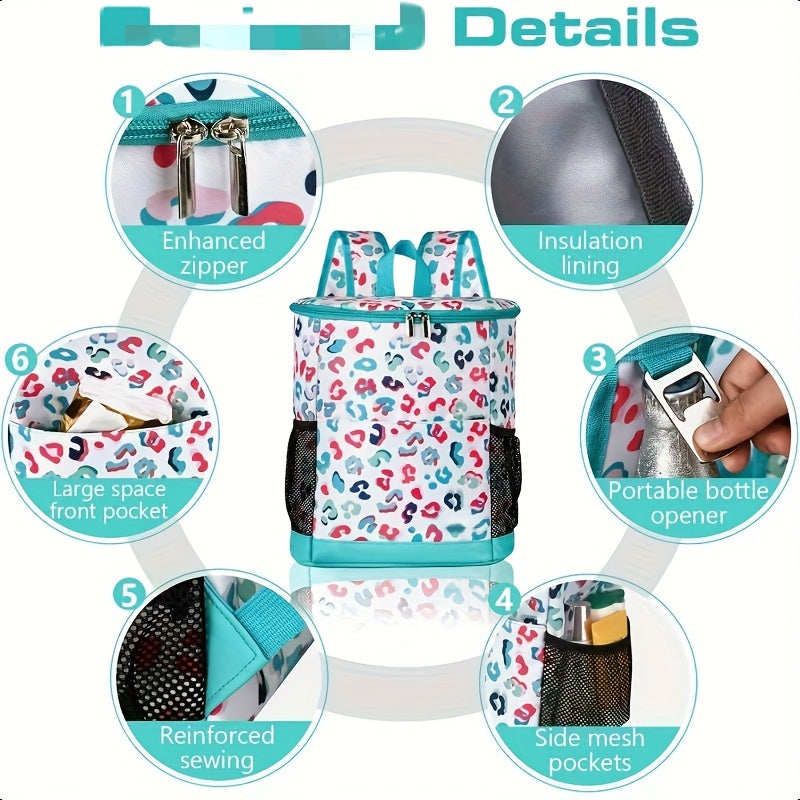 Insulated Cooler Backpack 30-Can Leopard Print Nylon Portable Cooler Bag with Mesh Pockets Adjustable Straps for Beach Camping Picnic Outdoor Travel Daily Use