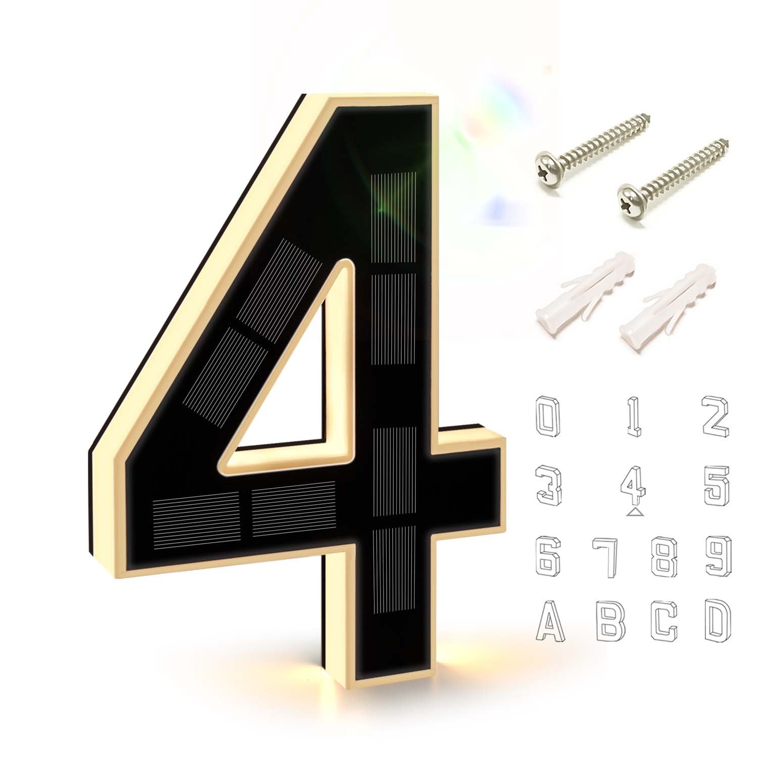 9 Inch Solar Lighted House Numbers for Outside - IP44 Waterproof, Auto Light Sensor, 9hr Illumination, Modern Exterior Address Sign, Numbers 0-9 & Letters A-D