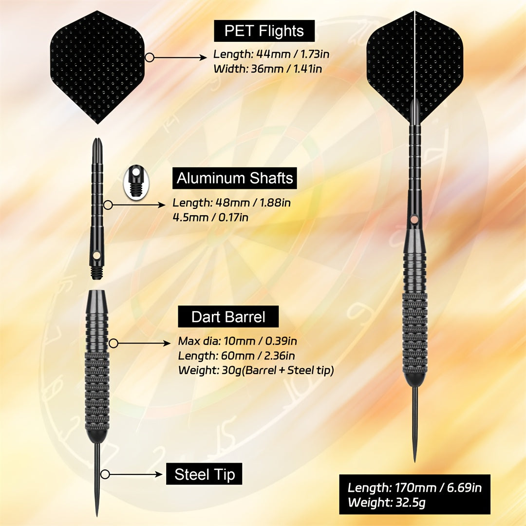 Professional Hard-Point Metal Darts 32.5g Heavy Weight Competition Dart Set Precision Steel Tip Tungsten-Style Barrel for Bristle Dartboard League Tournament Home