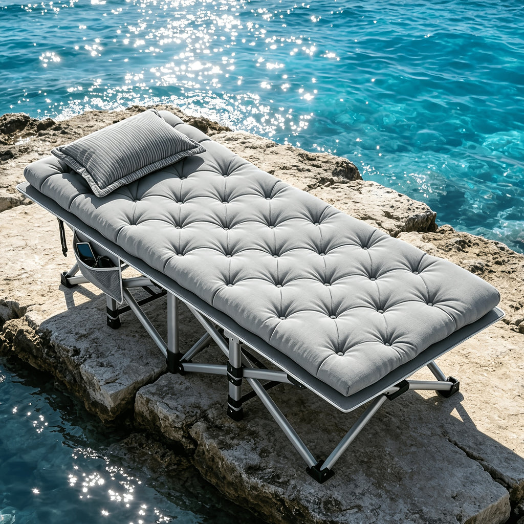 Extra Large Folding Camping Cot Bed with Mattress Option – Heavy Duty 355–750 lbs Capacity Portable Guest Bed for Adults – Foldable Sleeping Cot for Camping Travel Indoor Outdoor Use 59–77 Inch