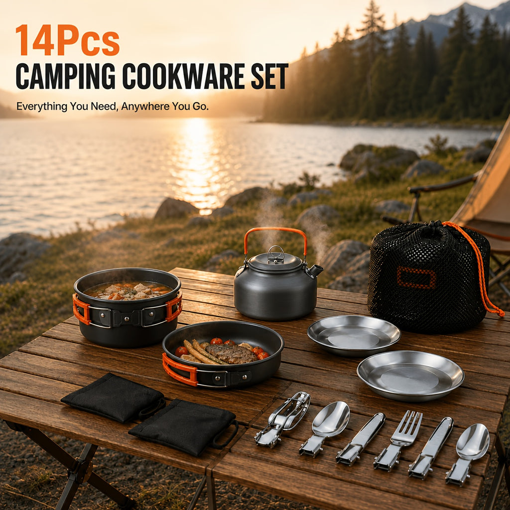 Camping Cookware Mess Kit 14/15 Piece Portable Non-Stick Aluminum Alloy Camp Kitchen Set with Kettle Pot Frying Pan Plates Forks Knives Spoons - Backpacking Outdoor Cooking Gear for Hiking