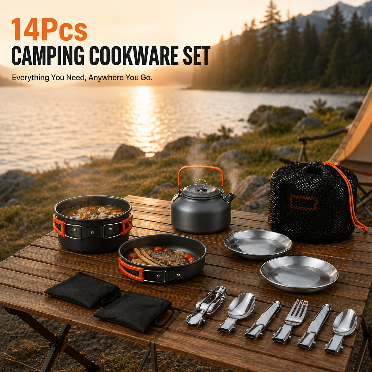 Camping Cookware Mess Kit 14/15 Piece Portable Non-Stick Aluminum Alloy Camp Kitchen Set with Kettle Pot Frying Pan Plates Forks Knives Spoons - Backpacking Outdoor Cooking Gear for Hiking