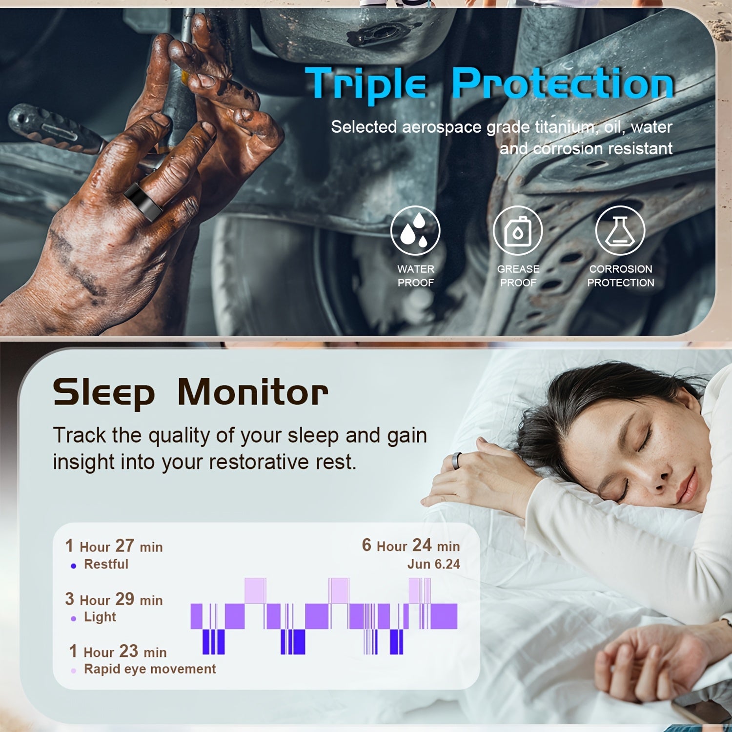 Smart Fitness Ring Bluetooth 5.3 Heart Rate HRV Sleep Steps Calorie Body Temp Stress Tracker No Subscription iPhone Android Compatible Sizes 7-13 Black Silver Gold