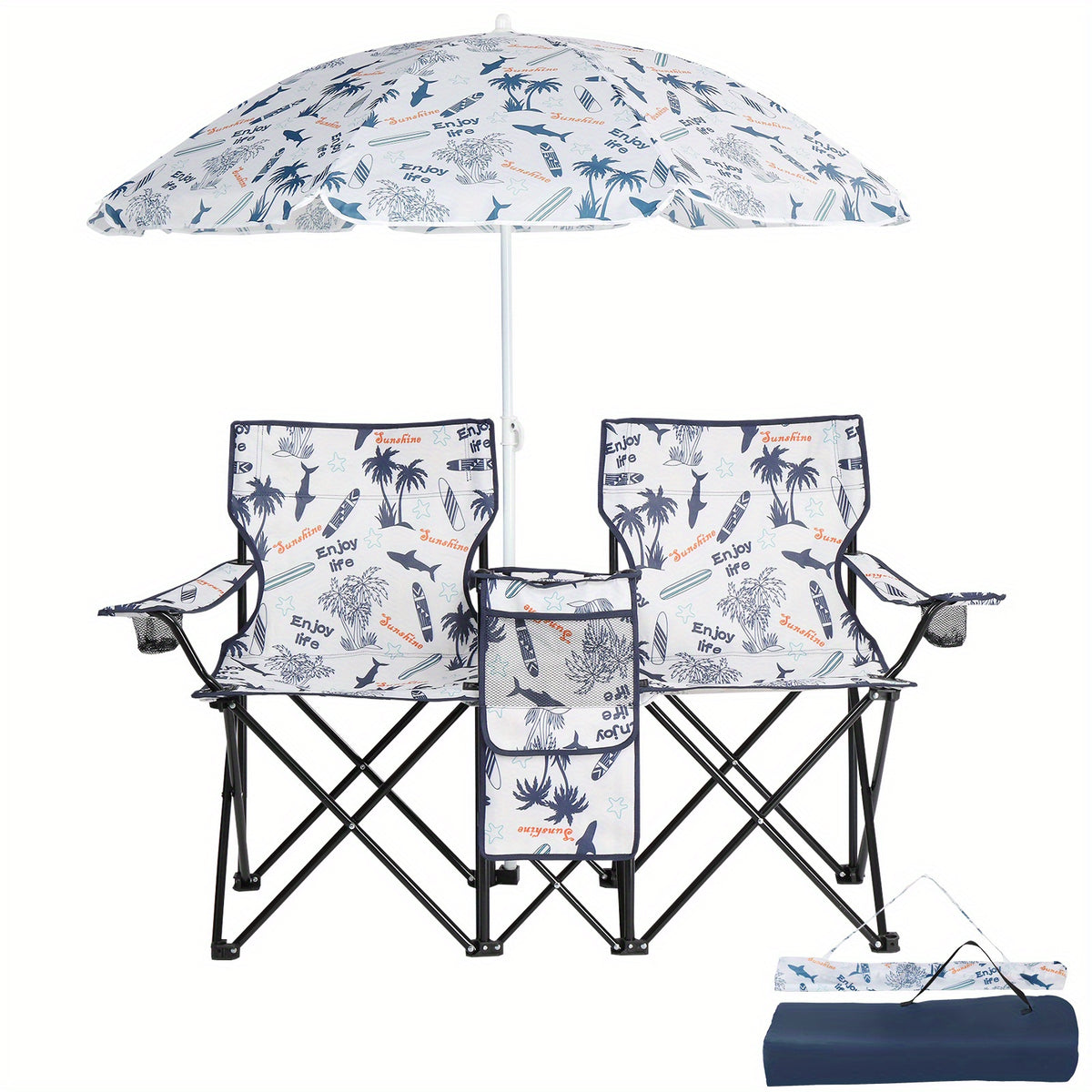 Folding Fishing Chair with Sun Umbrella 2-Seat Portable Outdoor Chair - Iron Alloy Frame Oxford Fabric Beach Patio Camping Chair with Storage Bag - Red Black Grey Blue Coconut Pineapple Pattern