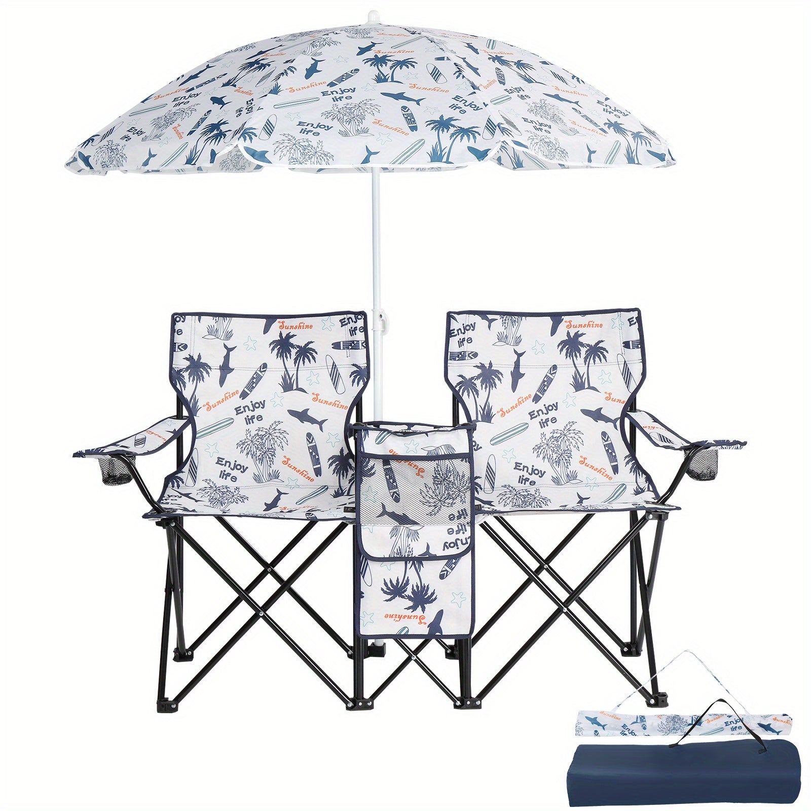 Folding Fishing Chair with Sun Umbrella 2-Seat Portable Outdoor Chair - Iron Alloy Frame Oxford Fabric Beach Patio Camping Chair with Storage Bag - Red Black Grey Blue Coconut Pineapple Pattern