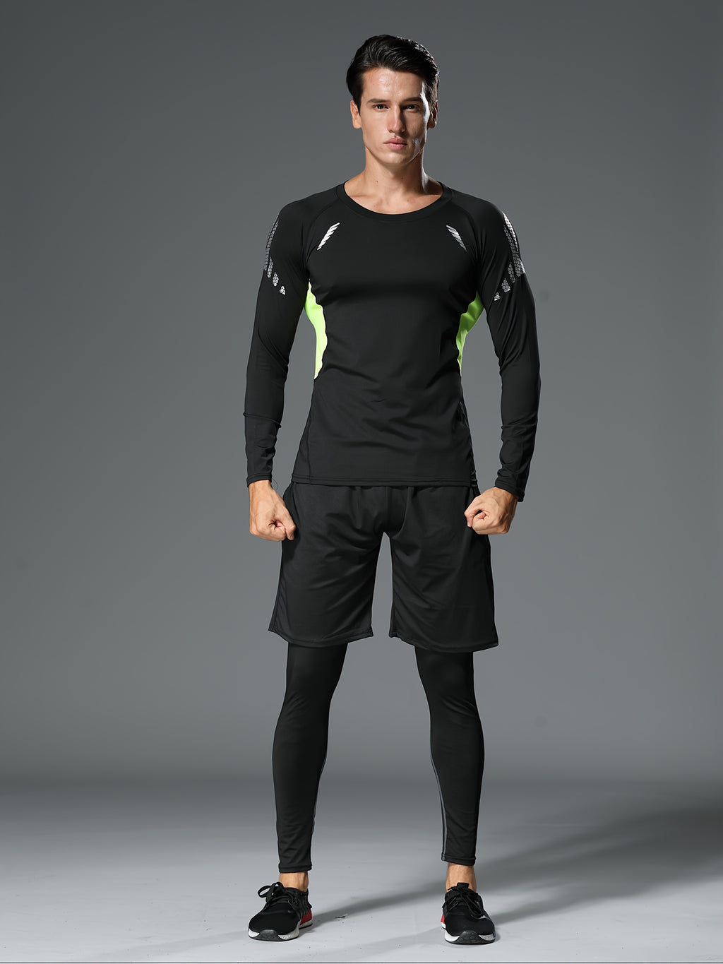 Men's 3-Piece Compression Sports Suit Quick-Dry – Moisture-Wicking Gym Running Training Outfit, High Elastic Breathable Activewear for Cycling Hiking Fitness, Grey & Fluorescent Green, S-XXL