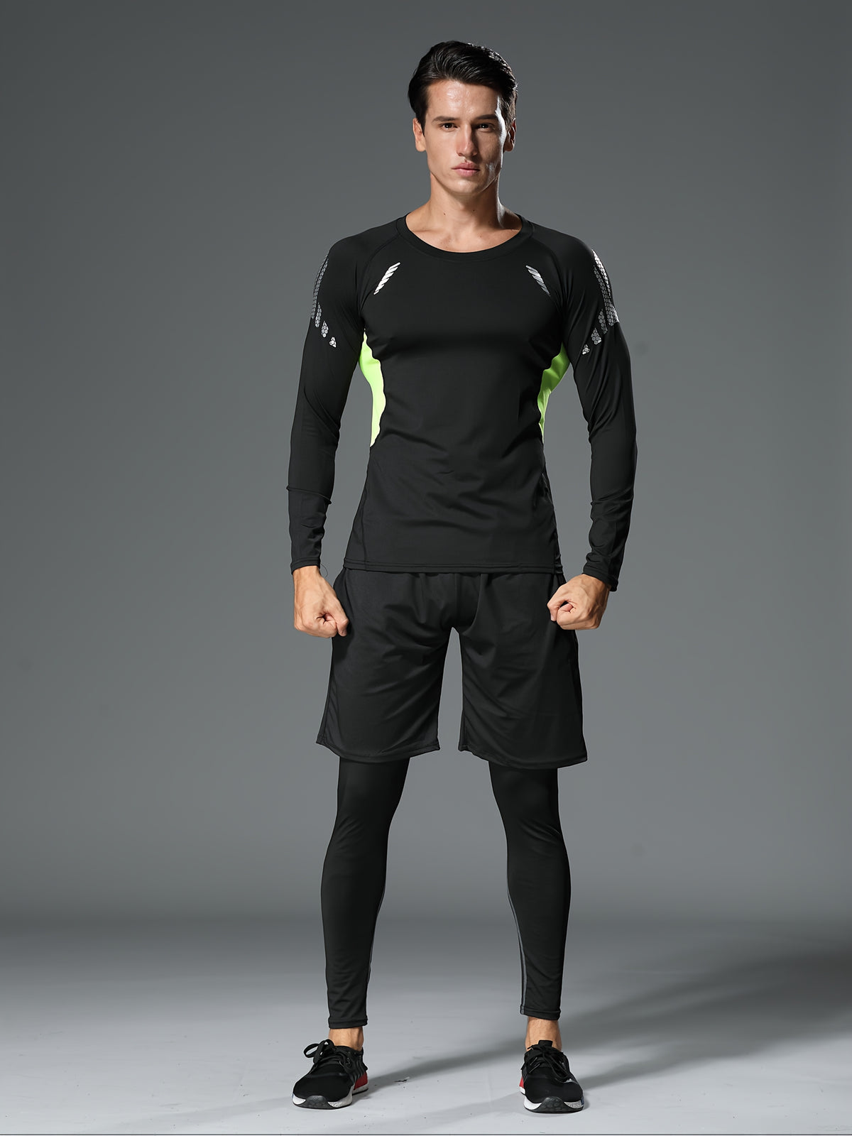 Men's 3-Piece Compression Sports Suit Quick-Dry – Moisture-Wicking Gym Running Training Outfit, High Elastic Breathable Activewear for Cycling Hiking Fitness, Grey & Fluorescent Green, S-XXL