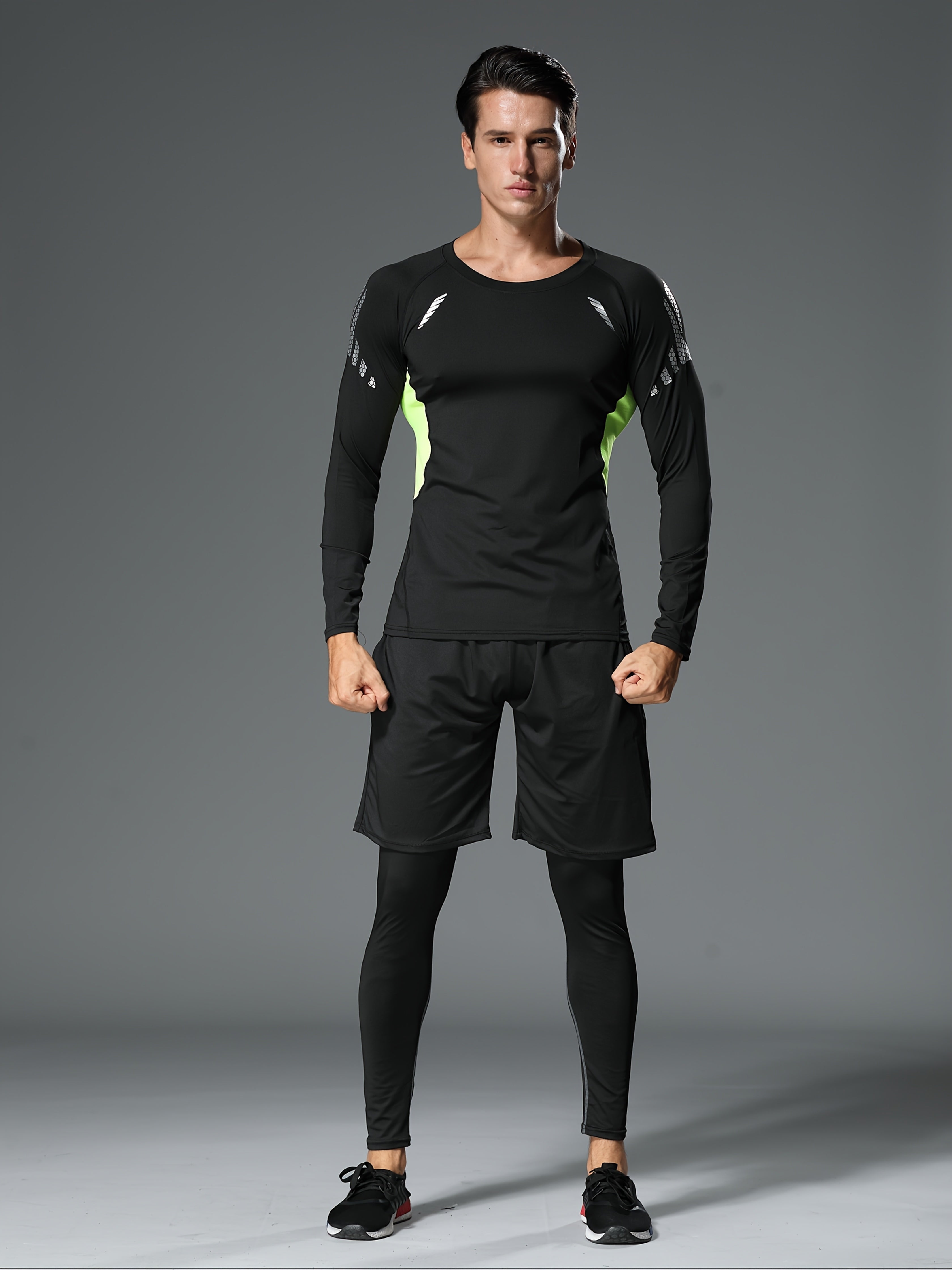 Men's 3-Piece Compression Sports Suit Quick-Dry – Moisture-Wicking Gym Running Training Outfit, High Elastic Breathable Activewear for Cycling Hiking Fitness, Grey & Fluorescent Green, S-XXL