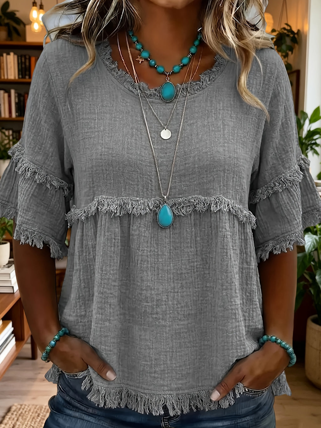Women's Fringed Trim Short Sleeve Casual Blouse – Soft Knit Crew Neck Top for Summer, Beach & Everyday Wear | Royal Blue, Aquamarine, Sky Blue, Grey, Green (S-XXL)