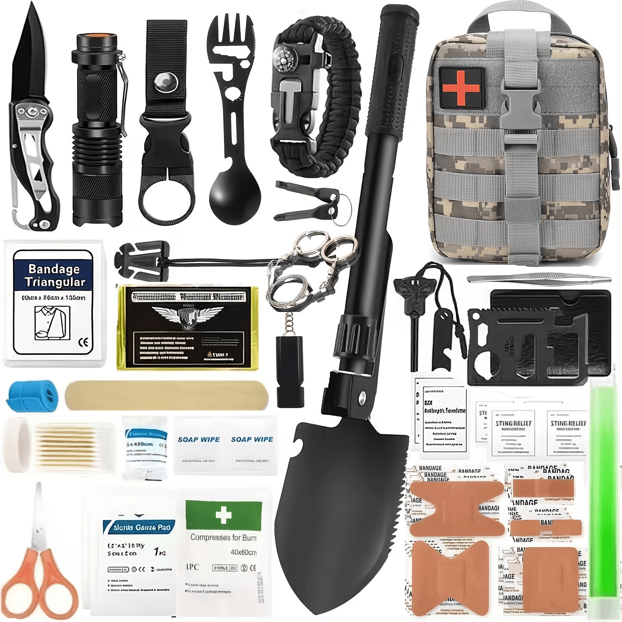 217-Piece Survival Kit with First Aid Kit & Survival Tools MOLLE Storage Bag - Outdoor Camping Hiking Emergency Gear for Men - Brown Black Khaki Green Red Orange Camouflage