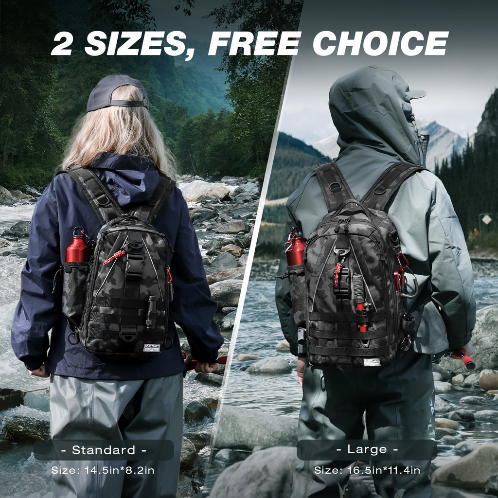 Tackle Sling Bag with Rod Holder for Men & Women – Fishing Backpack Daypack, Multi-Pocket Fly Fishing Bag, Camouflage Khaki Black, Standard & Large, Best Fishing Gift for Dad
