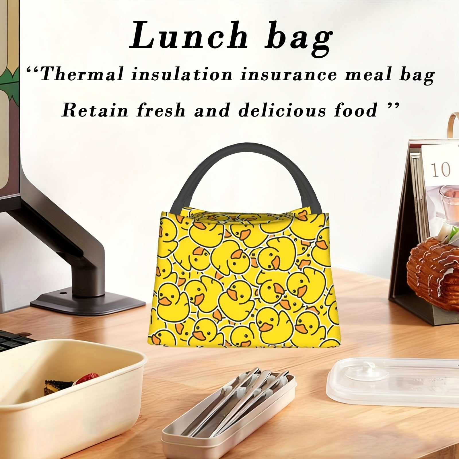 Yellow Duck Insulated Lunch Bag Cooler Tote 11x6.3x6.7 In – Cute Duck Pattern Portable Reusable Thermal Bag for Kids Adults Office Camping Picnic Beach