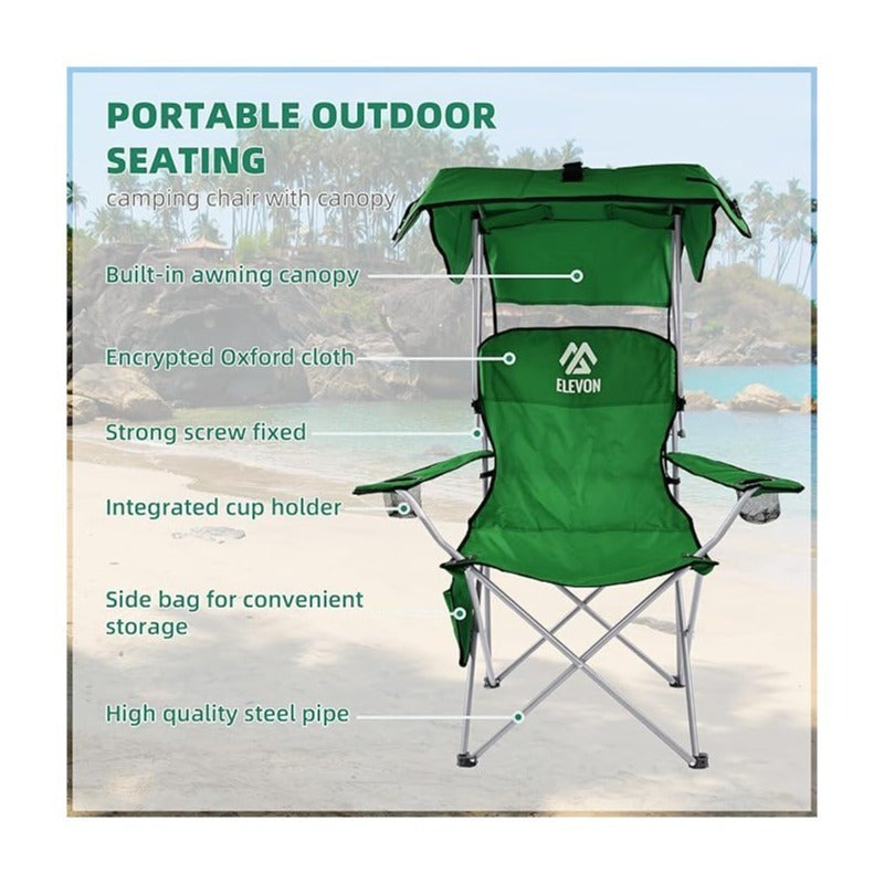 Folding Camping Chair with Canopy Sunshade Portable Beach Chair – 225 lbs Support Wide Seat Cup Holder Carrying Bag for Outdoor Lawn