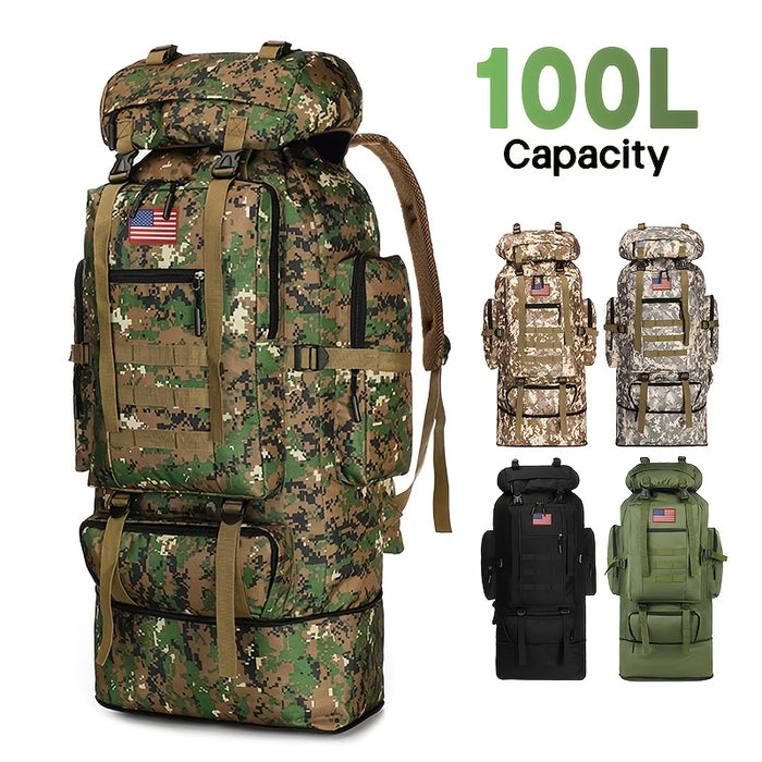 100L Tactical Camouflage Backpack – Large Capacity Hiking Rucksack with Multiple Compartments, Ergonomic Straps for Camping, Trekking, Hunting & Travel