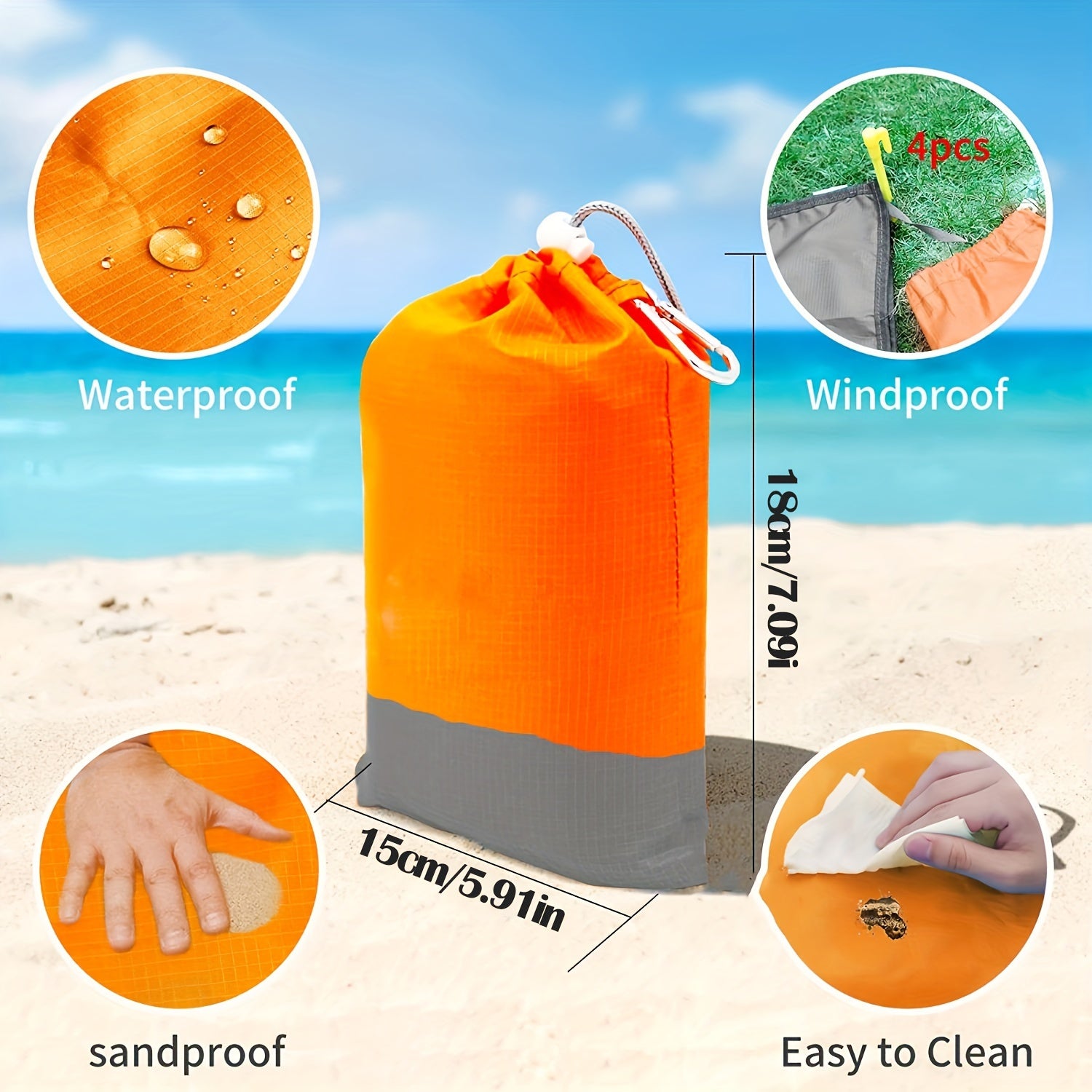 Sandproof Beach Blanket Foldable Mat with 4 Corner Stakes – Lightweight Portable Outdoor Blanket for Beach, Camping, Hiking, Travel & Picnic