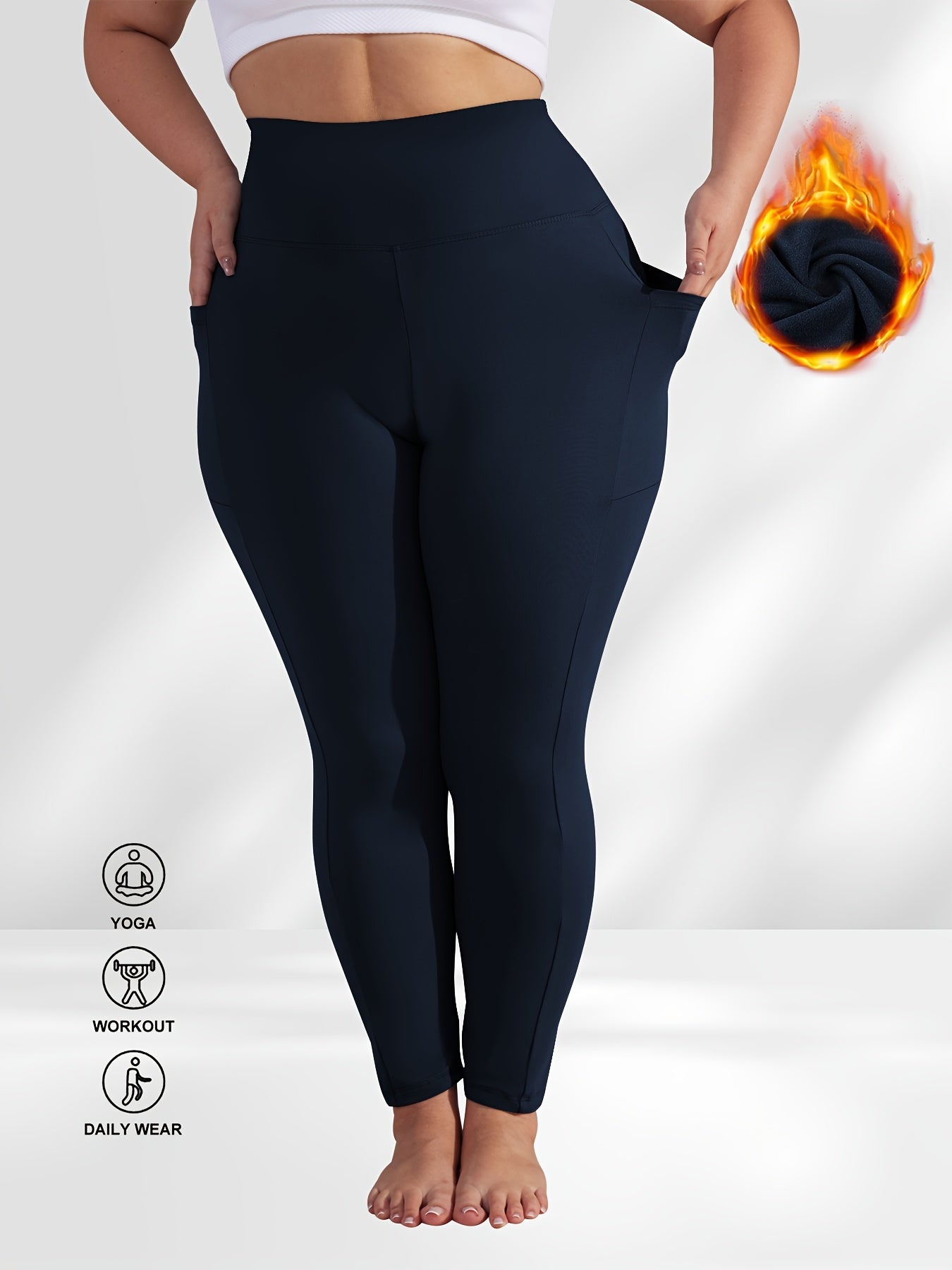 Women's Plus Size Yoga Pants with Pockets – Warm Thermal Leggings, High Elasticity, Tight-Fit Sports Base Layer for Fall & Winter, 1XL-5XL
