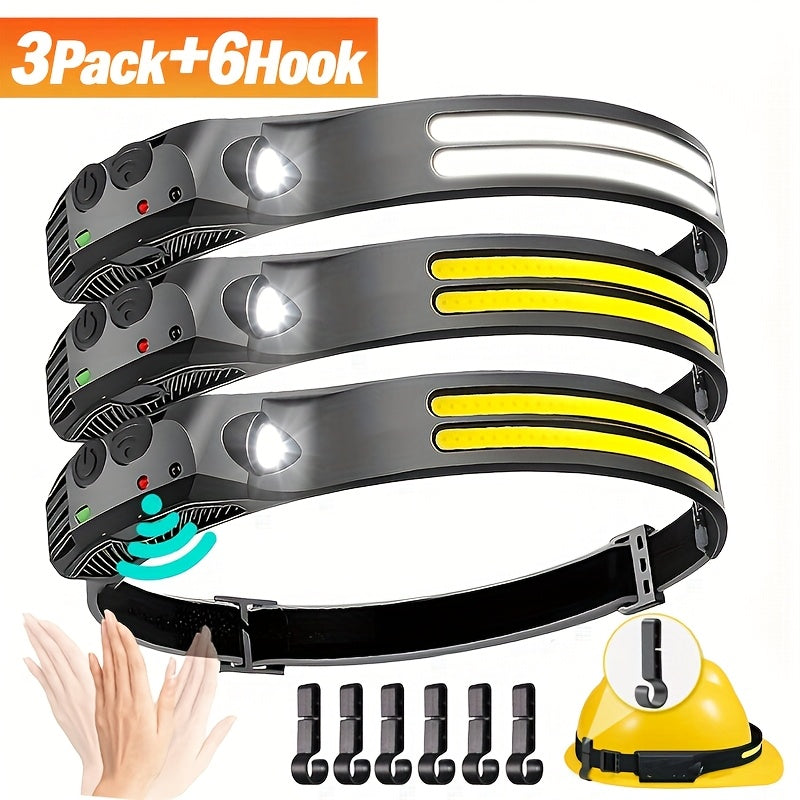 Rechargeable Headlamp 3-Pack COB LED 230° Wide Beam 5 Modes Motion Sensor USB Headlamps for Adults Camping Hiking Work Hard Hat with 6 Hooks