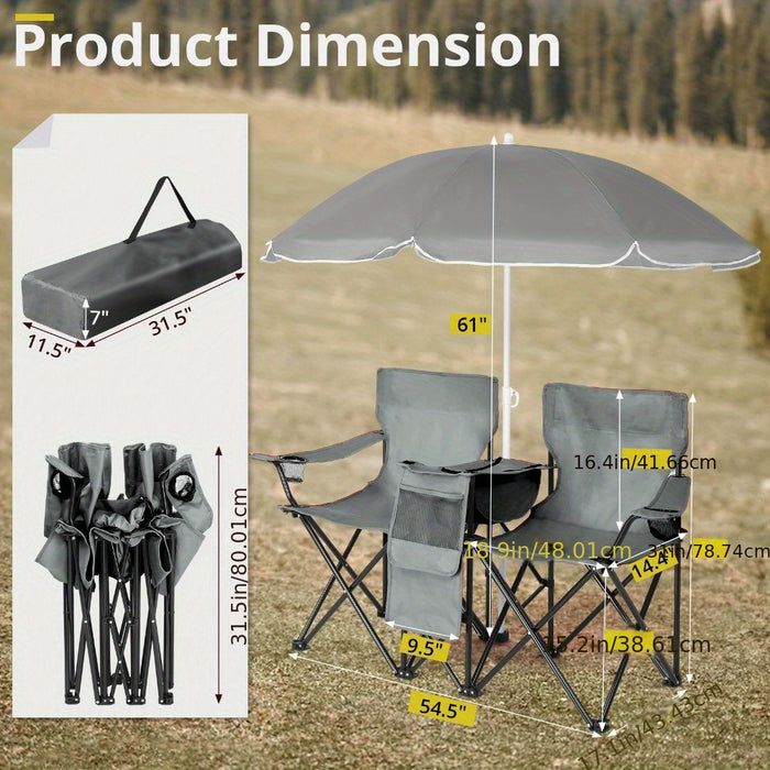 Folding Fishing Chair with Sun Umbrella 2-Seat Portable Outdoor Chair - Iron Alloy Frame Oxford Fabric Beach Patio Camping Chair with Storage Bag - Red Black Grey Blue Coconut Pineapple Pattern