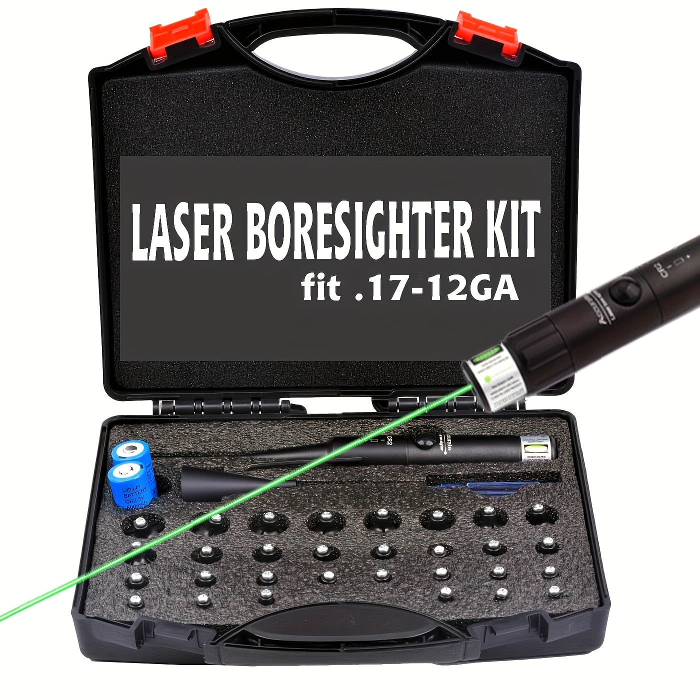 Laser Bore Sight Kit with 32 Adapters – Fits .17 to 12GA, Green & Red Laser, 15-100 Yard Range, Button ON/OFF, 8-Hour Battery