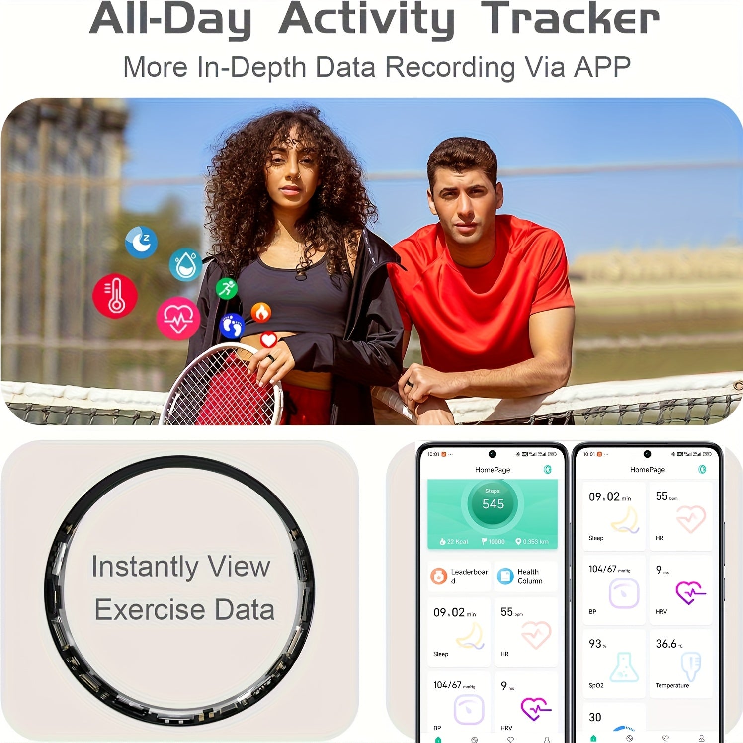Smart Ring Fitness Tracker Waterproof for Men Women – Sleep Tracking, Pedometer, Calories & Exercise Tracking, Compatible with iPhone Android, Sizes #7-#13, Black Rose Gold Silver