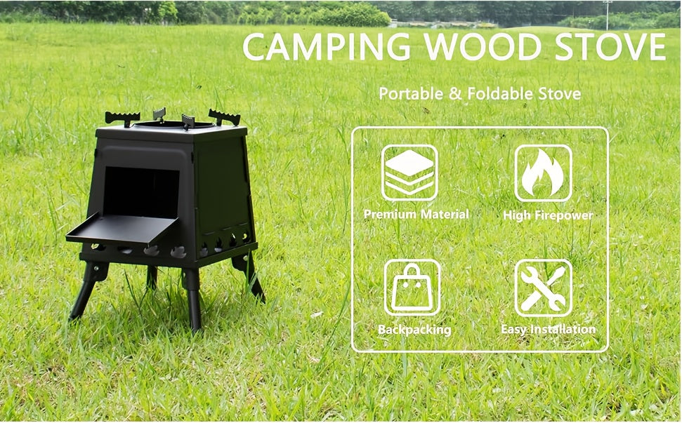 Wood Burning Camp Stove Portable Heavy Duty Outdoor Campfire Stove Sturdy Legs Air Vents Firewood Charcoal for Hiking Backpacking Picnic BBQ Travel