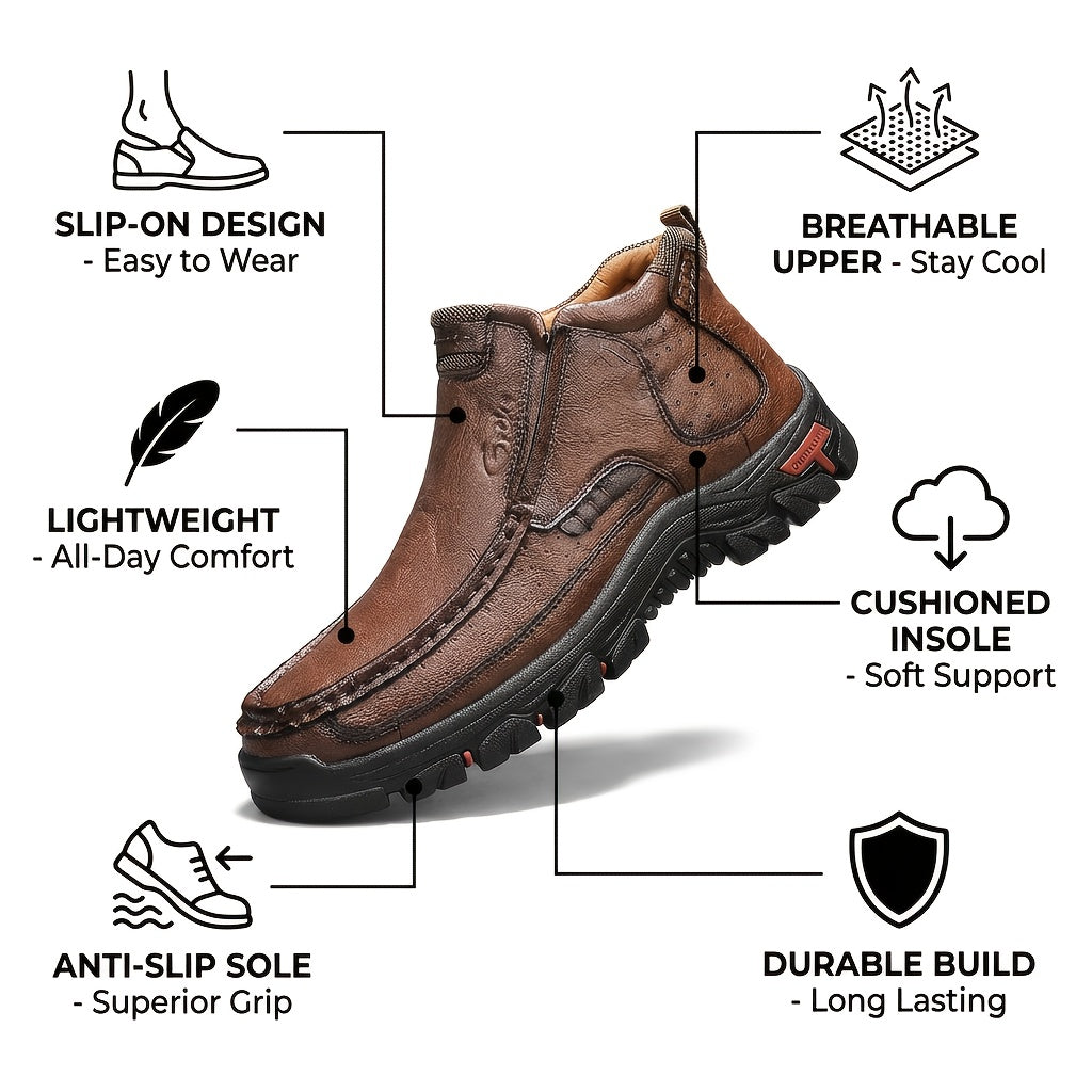 Men’s Slip-On Ankle Boots – Hand-Stitched Moccasin Chukka Non-Slip Outdoor Hiking & Driving Loafers | Black, Khaki, Brown | US 3.5–12.5