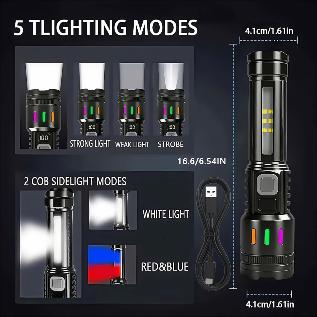 2-Pack Rechargeable LED Flashlight Combo – High Power Tactical Flashlight with COB Side Light, Telescopic Zoom & USB-C Charging for Camping, Hiking, Biking & Emergencies