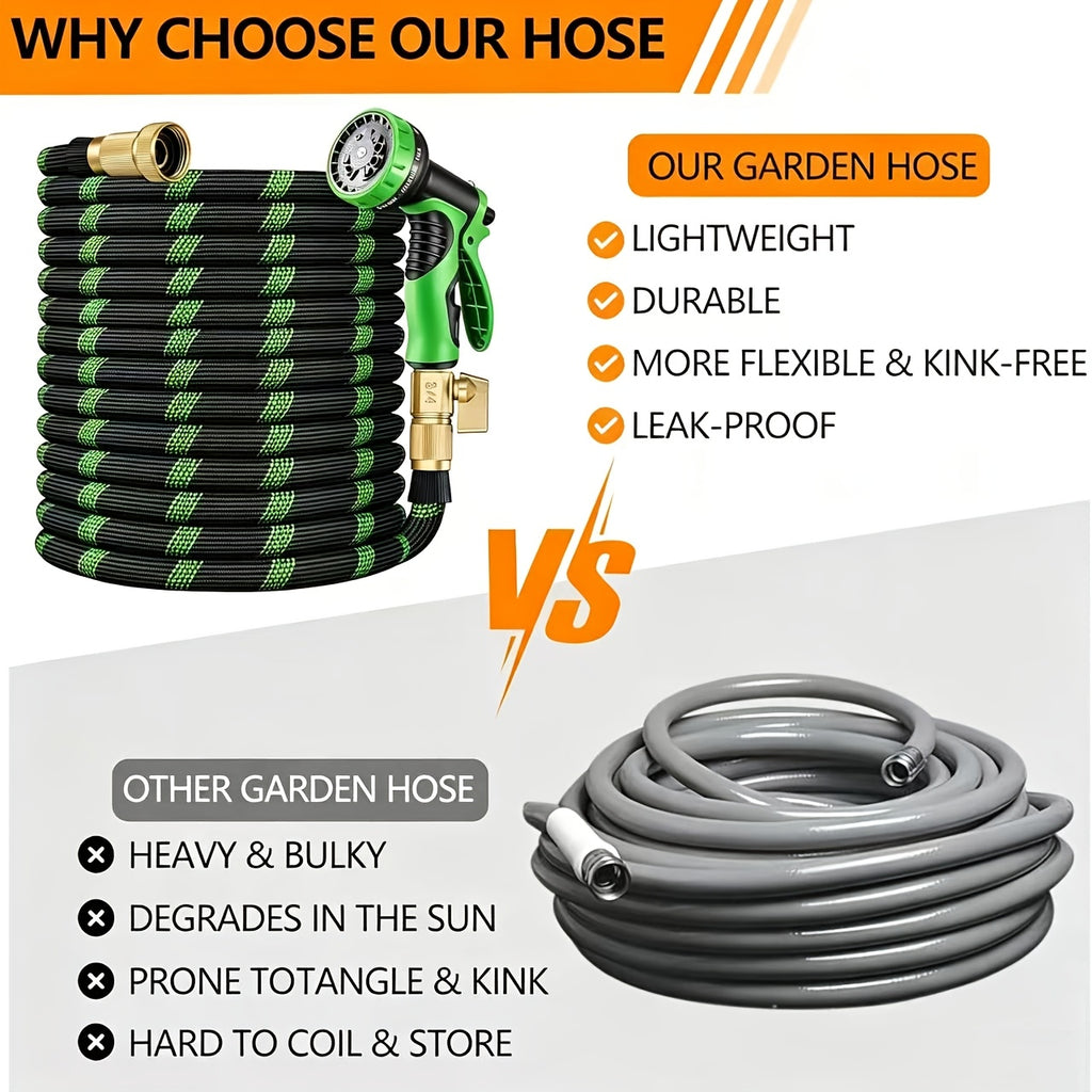 Garden Hose with 10-Function High Pressure Spray Nozzle - Lightweight Non-Expandable Water Hose for Lawn, Yard, Car Wash & Outdoor Cleaning, 10ft to 150ft with Kit Options
