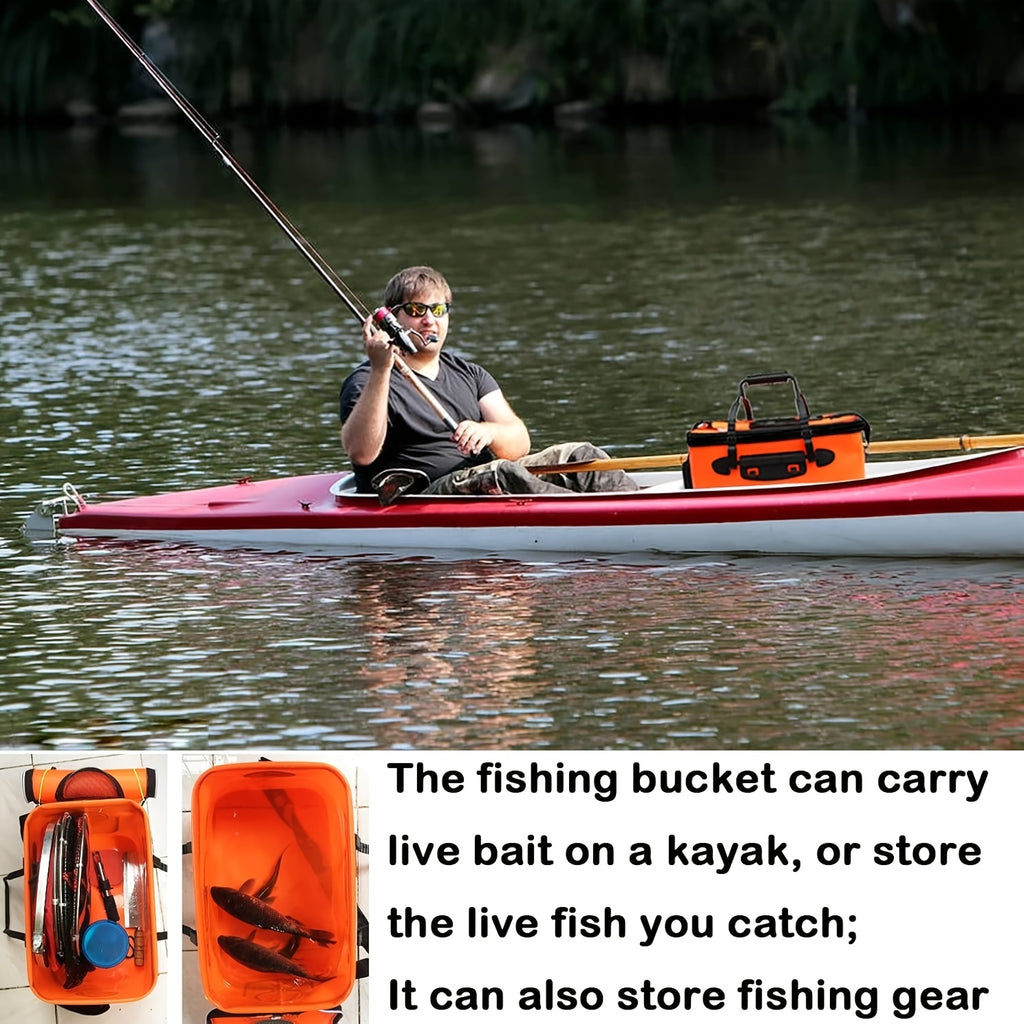 Collapsible 25L EVA Fishing Bucket with Lid – Foldable Live Fish Keeper & Bait Container for Kayak Bank Pier Fishing, Lightweight Portable Water Bucket for Camping, Orange & Blue