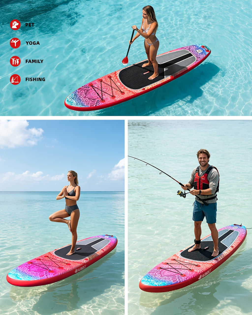 10.6ft Inflatable SUP Paddle Board All Around Yoga Board with Non-Slip Mat Waterproof Phone Bag Double Action Pump Accessories
