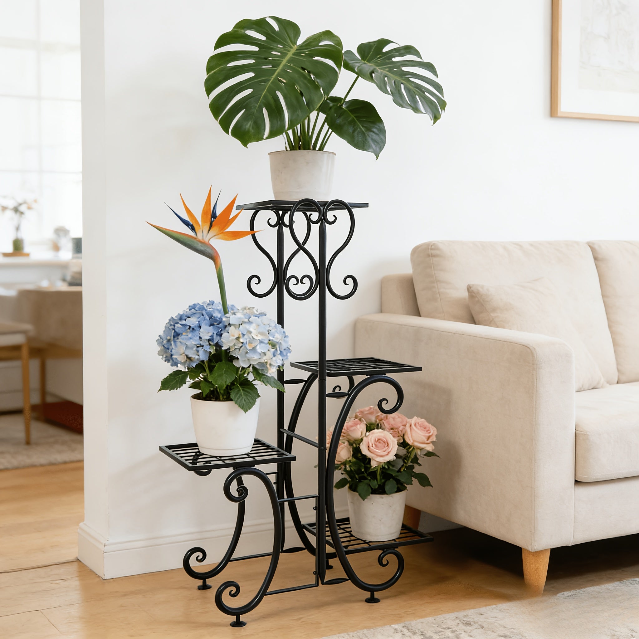 Metal Plant Stand Indoor Outdoor – Multi-Tier Wrought Iron Flower Pot Holder Display Rack for Garden, Patio, Balcony, Corner & Office | 1, 6-Tier Options, Black
