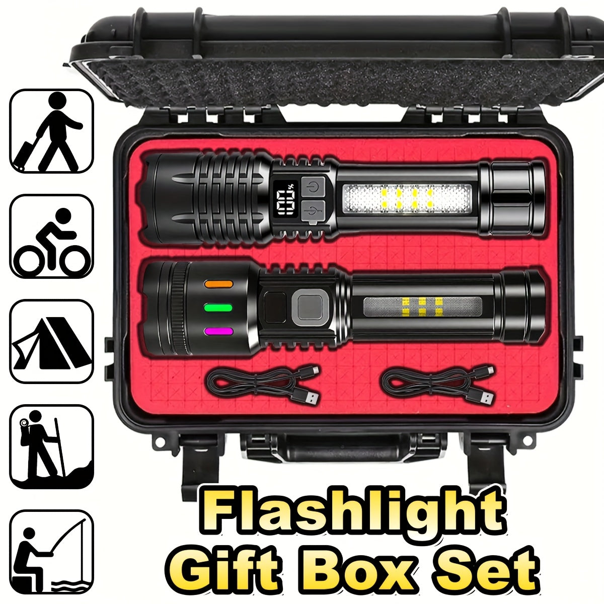 2-Pack Rechargeable LED Flashlight Combo – High Power Tactical Flashlight with COB Side Light, Telescopic Zoom & USB-C Charging for Camping, Hiking, Biking & Emergencies