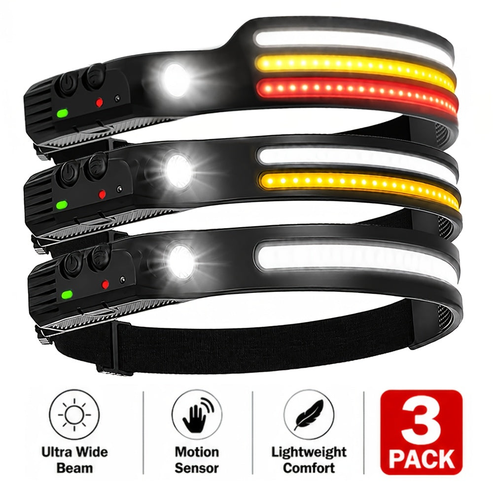 Rechargeable Headlamp 3-Pack COB LED 230° Wide Beam 5 Modes Motion Sensor USB Headlamps for Adults Camping Hiking Work Hard Hat with 6 Hooks