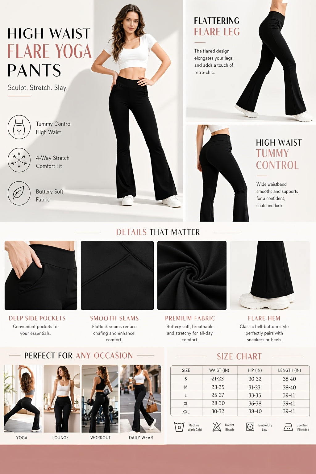 Women's Flare Yoga Pants with Pockets – High Waist Butt Lift Tummy Control Bell Bottom Leggings, Quick-Dry Breathable Sports Pants for Gym Yoga Lounge & Commute, Sizes S-XXL