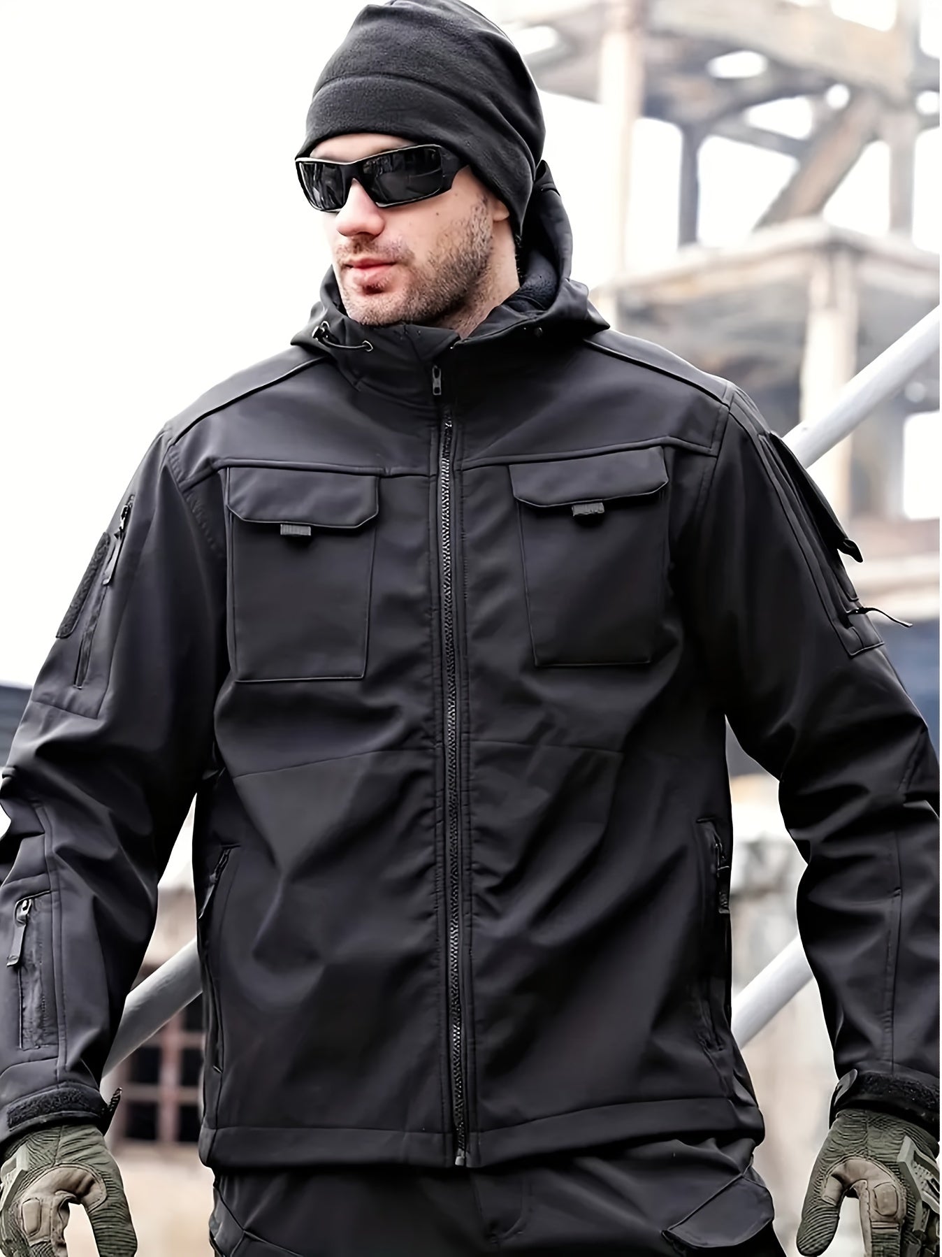 Men's Windproof Soft Shell Jacket with Hood & Pockets Scratch-Resistant Fleece-Lined Outdoor Zip-Up Coat for Hiking Cycling Camping – Lightweight Spring Fall Jacket for Men S M L
