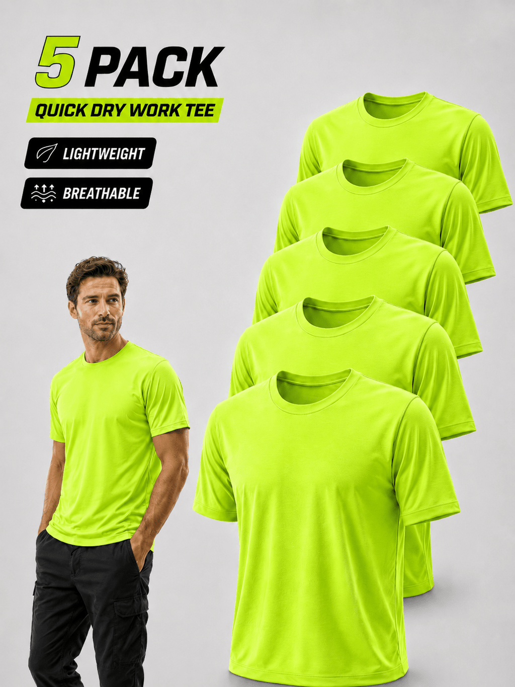 Men's Safety Work Shirts 5-Pack UPF 50+ Quick Dry – Breathable Hi-Vis Performance Tees for Outdoor Jobs Construction Landscaping, Fluorescent Yellow, S-XXXL