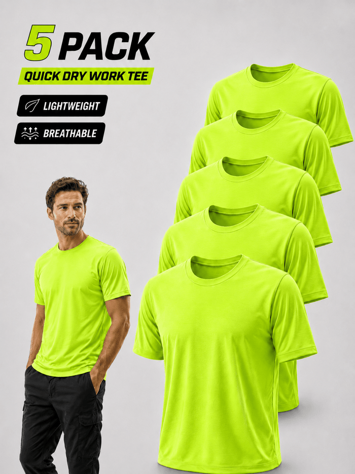 Men's Safety Work Shirts 5-Pack UPF 50+ Quick Dry – Breathable Hi-Vis Performance Tees for Outdoor Jobs Construction Landscaping, Fluorescent Yellow, S-XXXL