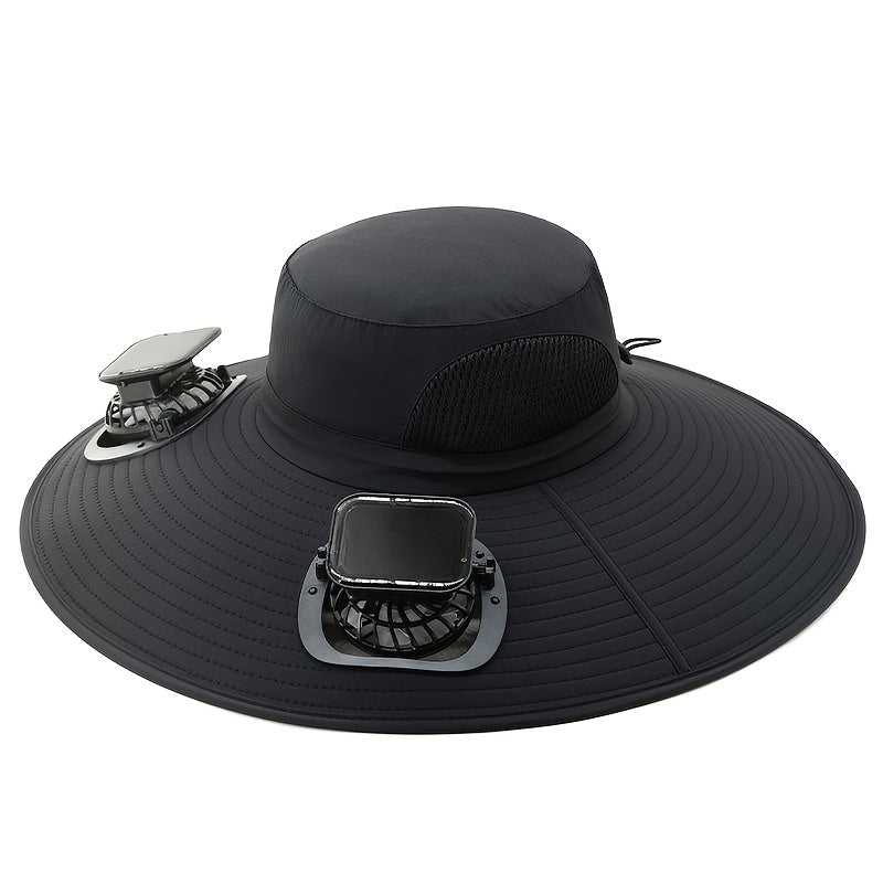 Wide Brim Outdoor Hat Solar Fan USB Rechargeable - Lightweight Sun Hat for Fishing Hiking Mountain Climbing, With or Without Fan, Black Khaki Grey Camo