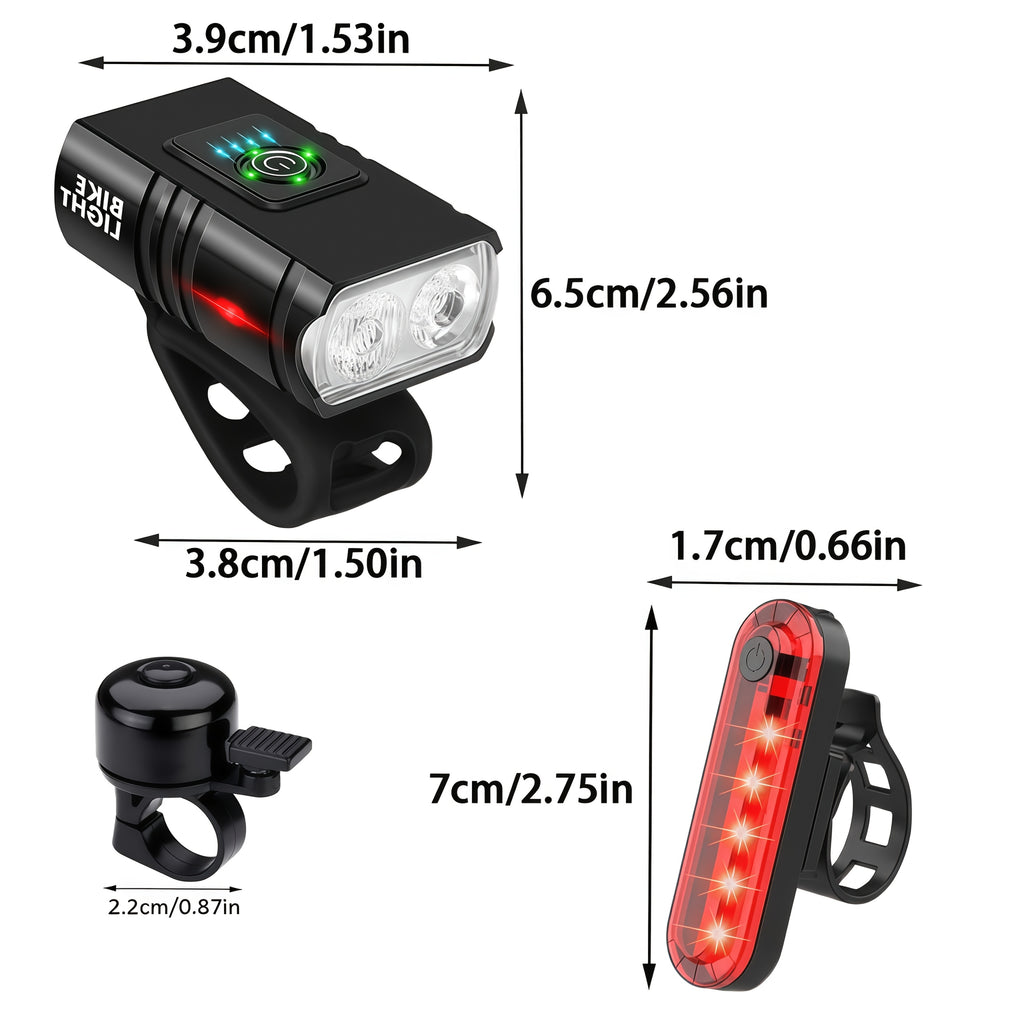 Bicycle Light Set USB Rechargeable – LED Headlight 6 Modes 180° + Taillight + Bell for Night Road Mountain Cycling Safety