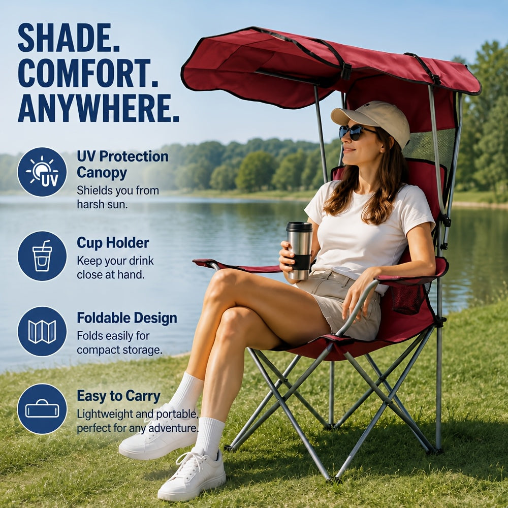 Foldable Camping Chair with Rotating Canopy & Cup Holder – 600D Oxford Cloth Outdoor Chair with Carry Bag for Beach, Picnic, Fishing, Sports Events & Backyard