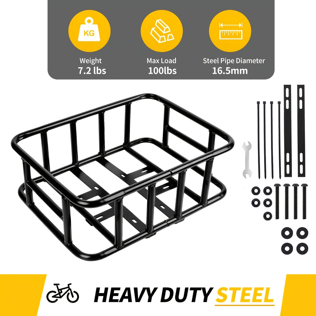 Rear Bike Basket Heavy Duty Iron Large Removable Folding, Bicycle Rear Mount Basket for Most Bikes & Ebikes, Black Frame Cargo Basket for Groceries Vegetables Pets, Commuter Cycling Accessory
